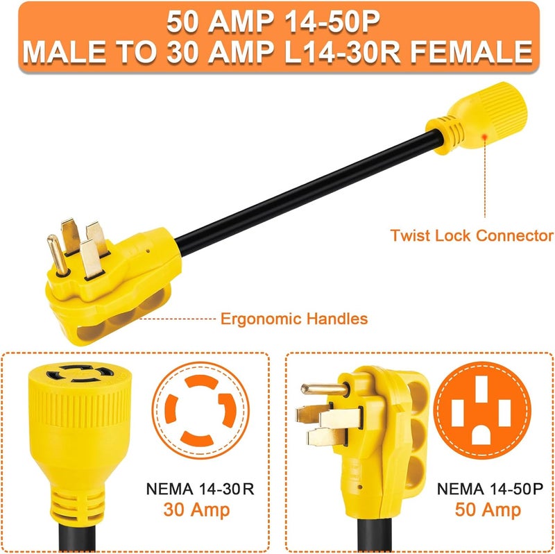 Suplevel NEMA 14-50P to L14-30R Generator Transfer Switch Adapter Cord, 240V/120V 50 Amp Male to 30 Amp Female Twist Lock 4 Prong Generator Adapter Cord, STW 10 AWG Heavy Duty ETL Listed - Image 2